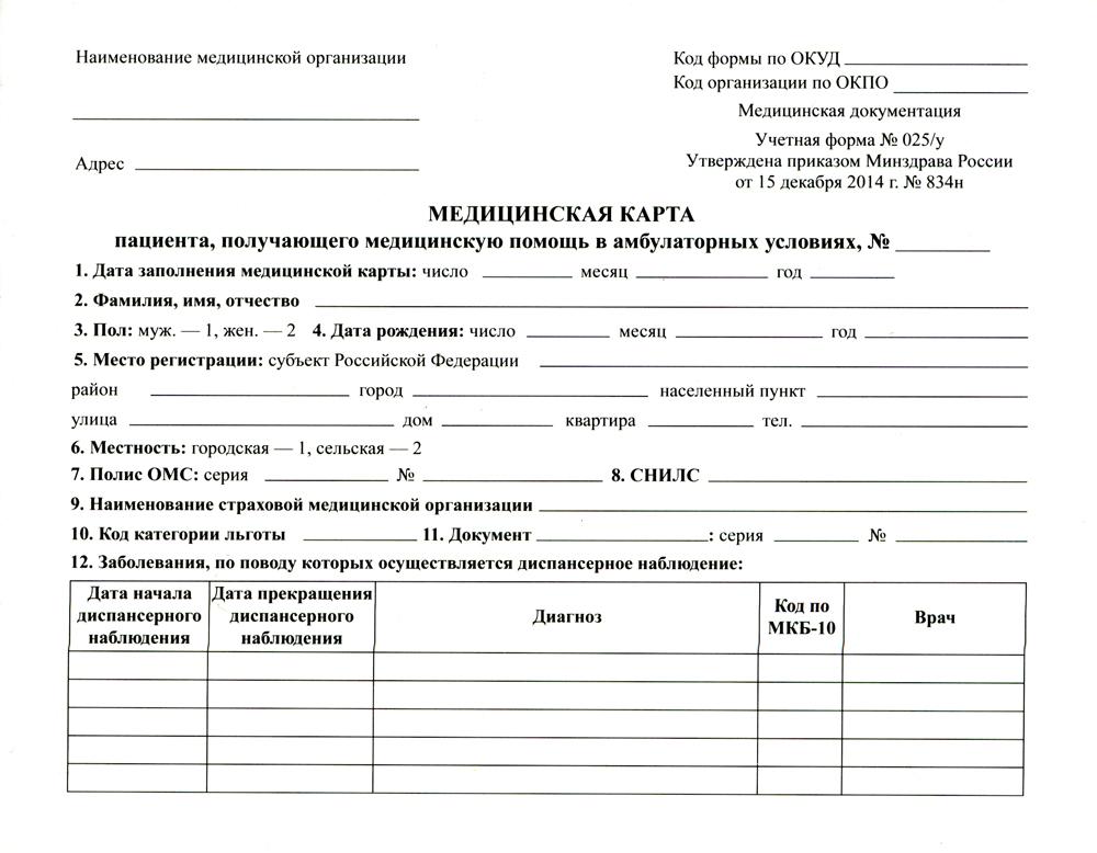 Медицинская карта пациента, получающего медицинскую помощь в амбулаторных условиях (форма №025/у)